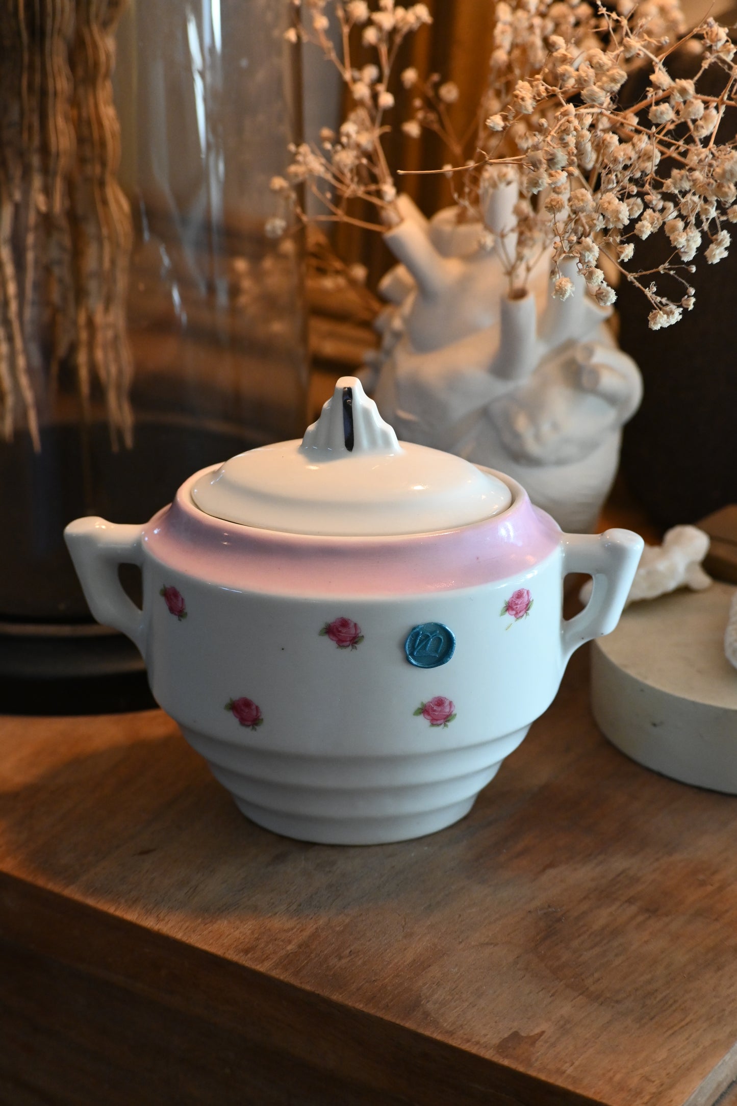 Sucrier rose et fleuri