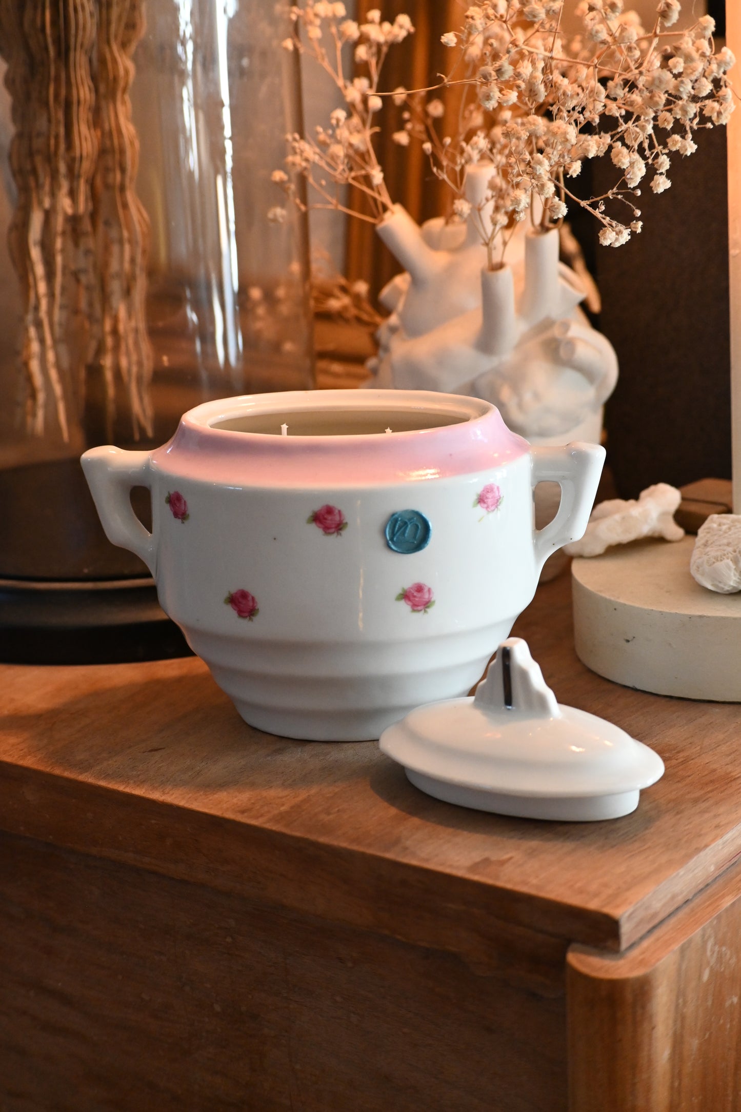 Sucrier rose et fleuri