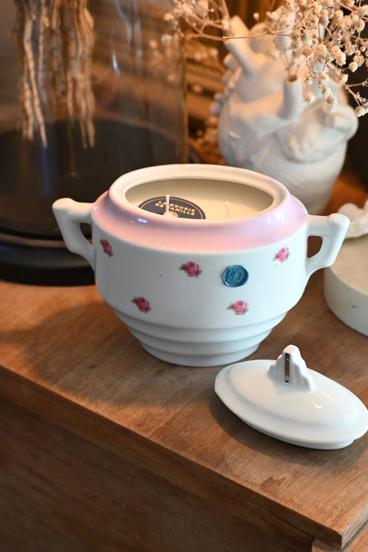 Sucrier rose et fleuri